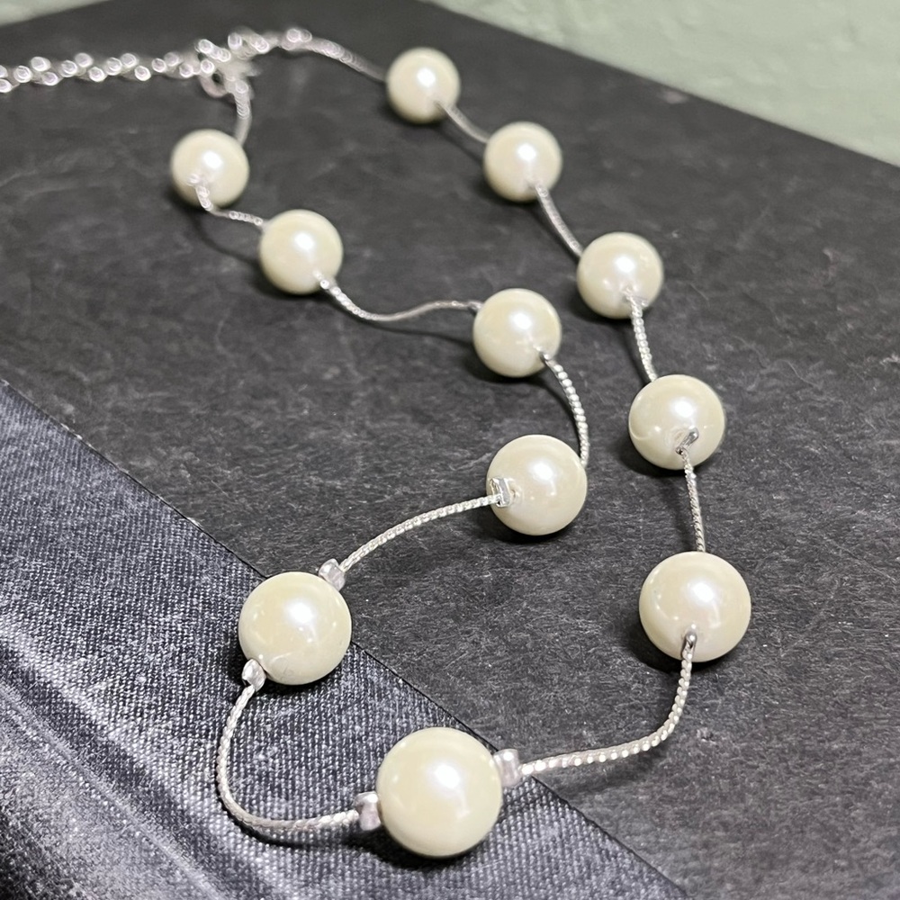 Vintage White Faux Pearl Necklace – Silver-Tone, 16” + Extender